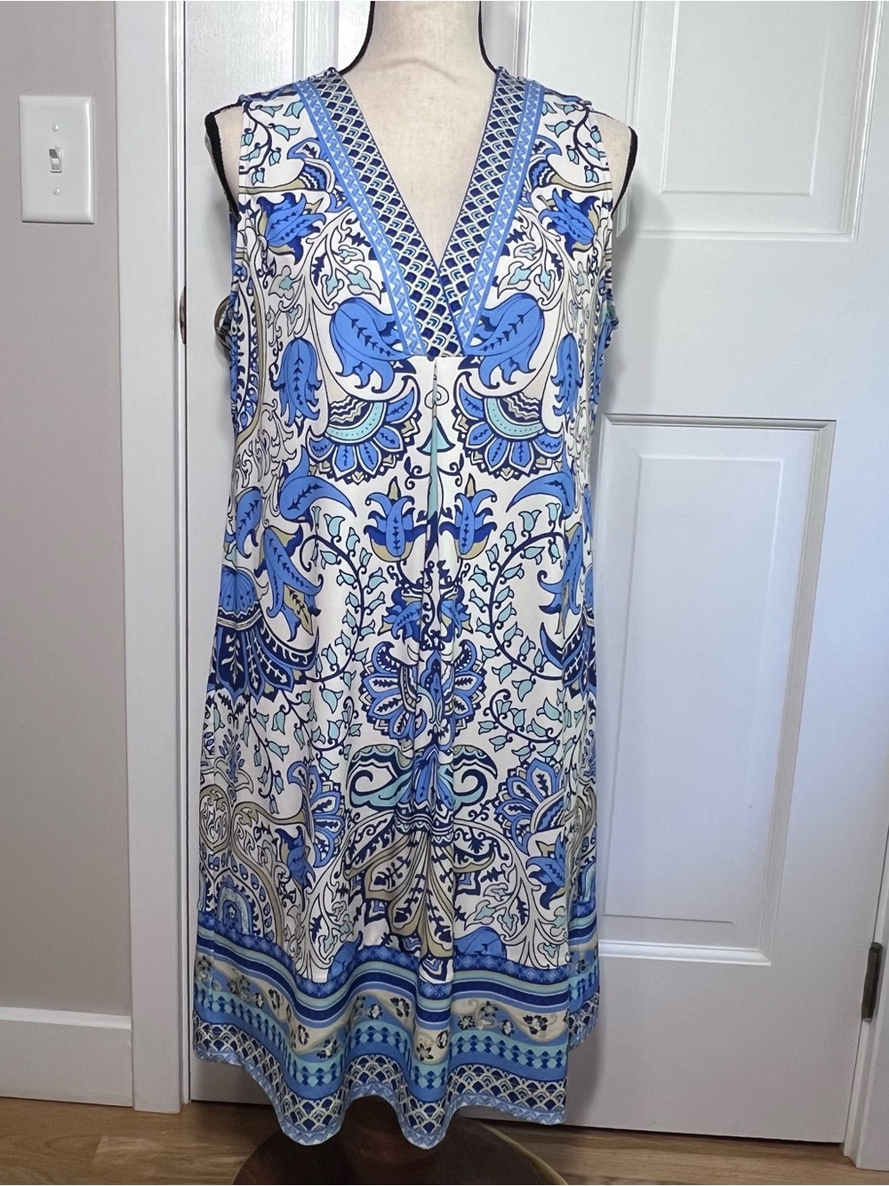 Hale Bob Blue White Damask Paisley Sleeveless Shift Dress Bohemian Size L